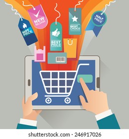 vector illustration concept for on line store. Digital marketing. Buy on line. Mobile payment