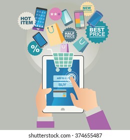 vector illustration concept for on line store. Digital marketing. Buy on line. Mobile payment