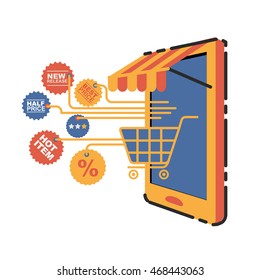 vector illustration concept for on line store. Digital marketing. Buy on line. Mobile payment