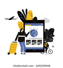 Vector illustration concept Online booking service. Man with luggage book travel on the smartphone or ефидуе. Online reservation of plane and train tickets. Trip planning.