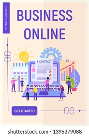 Vector illustration of the concept of online business. Poster, banner small characters enter into an electronic contract with the help of modern technology. 