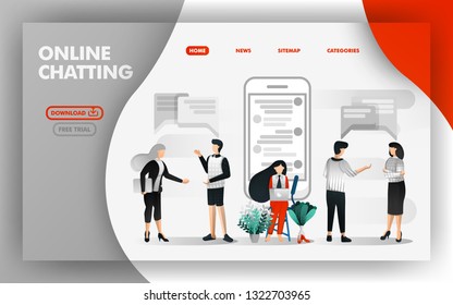 Vector Illustration Concept of online chatting. People talking to each other and girls chatting with online apps. Easy to use for website, banner, brochure, flyer, print, mobile, UI, poster, template