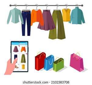 Vector illustration, concept of online clothing store. Shopping, buying clothes, shoes. Clothing store products on the smartphone screen. Collection of clothes on a hanger, autumn-winter wardrobe.