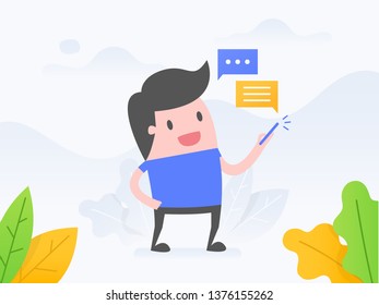 Vector illustration concept of online communication. Young man holding mobile phone with chat messages notification. 