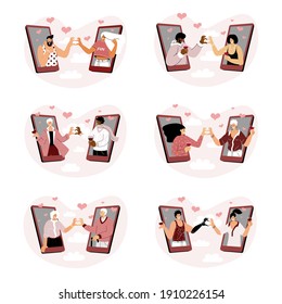 A Vector illustration concept of online date via mobile dating application.Traditional, homosexual, senior, handicapped, interethnic, lgbt couples. Smartphone app. Long distance romantic relationship.