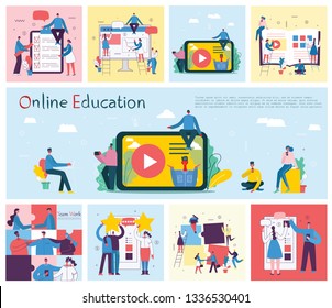 Vector illustration of concept of Online education, training and workshops in flat design