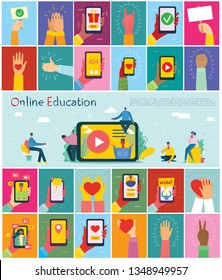 Vector illustration of concept of Online education, training and workshops in flat design