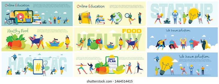 Vector illustration of concept of Online education, We have solution, Hashtag, Healthy food, Diet plan in flat design