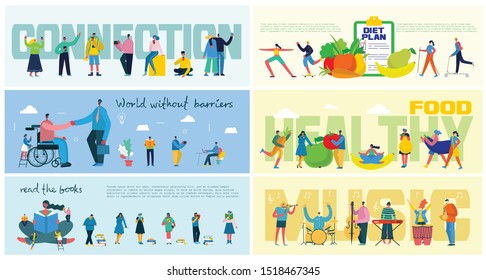 Vector illustration of concept of Online education, Disaled people, Hashtag, Healthy food, Diet plan in flat design