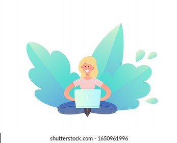 Vector illustration of concept online education isolated on white. Tiny blonde woman sitting with laptop and plant in trendy neon style use for poster, website, brochure