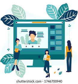 Vector illustration. Concept for online education. Flat  design. Online training courses for employees, advanced training, analysis of infographics.  Can be used for web design, banners, promotional m