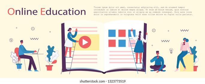 Vector illustration of concept of Online education,training and workshops in flat design