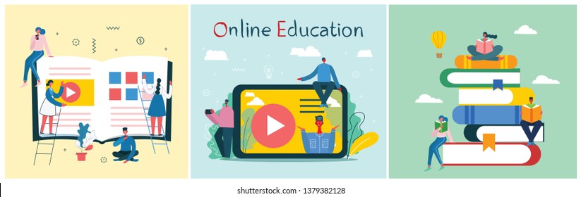 Vector illustration of concept of Online education,training and workshops in flat design
