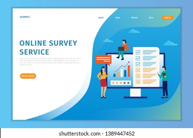 Vector illustration concept online landing page survey, people fill out online survey forms on computers, can be used for landing page websites,hompage, banner, flyer, mobile apps