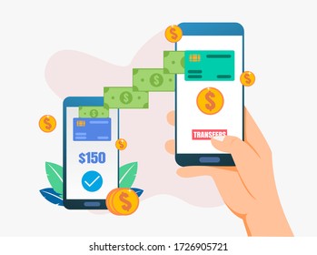 Vector Illustration Concept Online Money Transfer With Smartphone For Web, Poster, Banner.