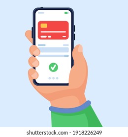 Vector illustration concept for online payment. The hand holds a smartphone on which the application with payment is open. Successful money transfer. Can be used for websites and mobile applications.