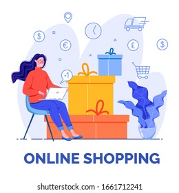 Vector illustration, concept of online services.Beautiful woman with a laptop on her lap makes purchases in the online store on the background of boxes.