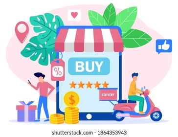 Vektorgrafik des Konzepts des Online-Shopping und -Business, Lieferung für den elektronischen Handel mit den Einkaufsaktivitäten der Menschen, Bestellen von Waren über Smartphones.
