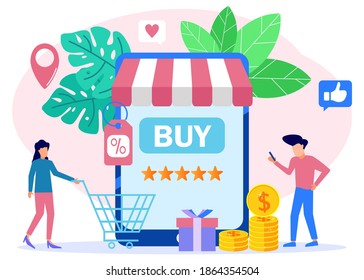 Ilustración vectorial del concepto de compras y negocios en línea, entrega para comercio electrónico con las actividades de compra de la gente, pedidos de bienes usando smartphones.