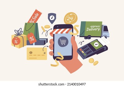 Concepto de ilustración vectorial de compras en línea. Mano sosteniendo un teléfono móvil con tienda en línea. Concepto de los beneficios de las compras en línea