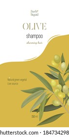 Vector illustration concept of packaging for shampoo based on olive. Olive branch label design in cartoon style