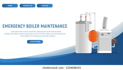 Vector Illustration Concept Page Plumbing Fixture. Banner Vector Image Cartoon Web Page Emergency Boiler Maintenance. Electronic Water Heating Boiler. Plumbing Fixture. Isolated White Background