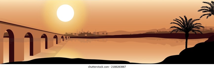 Vector illustration concept panorama on the bay bridge, silhouettes of palm trees city on the coast against the backdrop of the sun, tourism attractions, leisure, business.