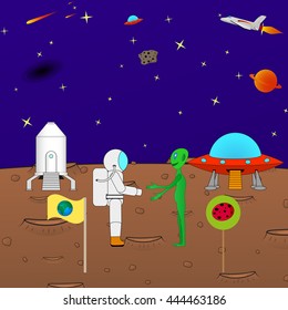 Vector illustration of the concept of peace in the universe. Alien astronaut shaking hands. Beautiful cartoon funny background of the cosmos.