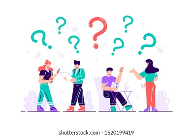 Vector illustration. Concept illustration of people frequently asked questions around question marks. Answer to question metaphor - vector. Flat style vector illustration for web page, social media.