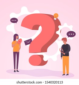 Vector illustration, concept illustration of people frequently asked questions around question marks, answer to question metaphor - vector