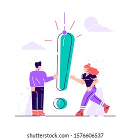 Vector illustration, concept illustration of people frequently asked questions, waiting to be answered, around the exclamation mark, answer to the metaphor of the question - vector. Flat style modern