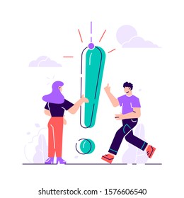 Vector illustration, concept illustration of people frequently asked questions, waiting to be answered, around the exclamation mark, answer to the metaphor of the question - vector. Flat style modern