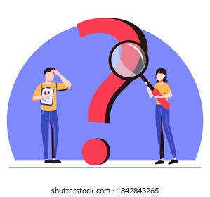 Vector illustration, concept illustration of people frequently asked questions around question marks, answer to question metaphor - vector