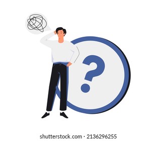 Ilustración vectorial, ilustración conceptual de las personas a las que se hace con frecuencia preguntas en torno a signos de interrogación, respuesta a metáfora de preguntas - vector