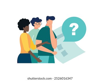 Vector illustration, concept illustration of people frequently asked questions around question marks, answer to question metaphor - vector