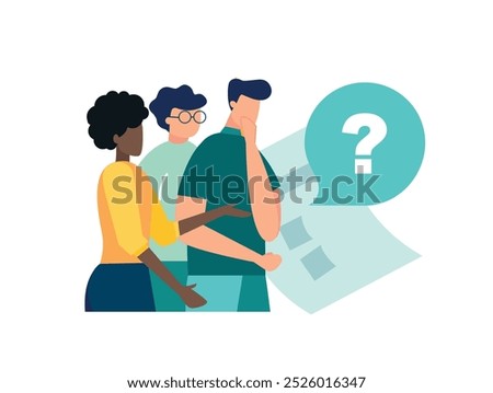 Vector illustration, concept illustration of people frequently asked questions around question marks, answer to question metaphor - vector