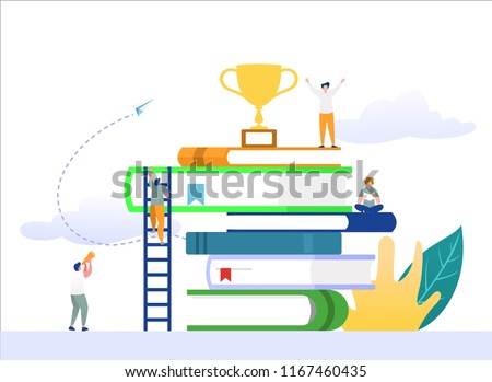 vector illustration concept people group of young people reading book in the library, can be used for landing page, book cover, banner, flyer, web, print