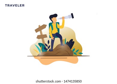 Vector illustration, concept of people search travel destination, holiday for web page, banner, presentation, social media, flat design, landing page, blog and website image.