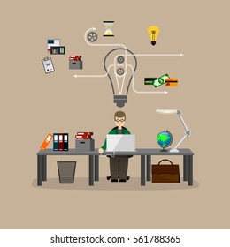 Vector illustration of a concept of a person working at the desk, freelancing, inventing ideas.