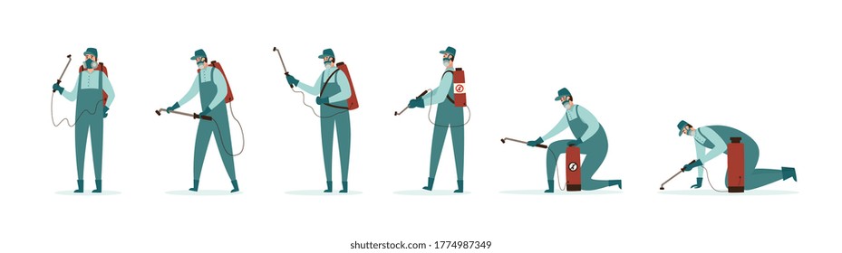 Vector illustration of the concept of pest control services. A worker in a uniform and mask performs chemical treatment against termites. A set of worker character figures in different poses