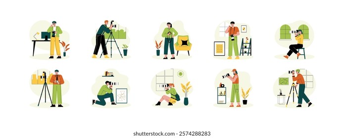 Vector illustration concept photographer with various poses in an aesthetic photo studio, semi-outline style.