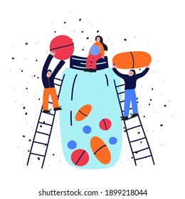 vector illustration - concept of pills and vitamins as prescribed by a doctor. Homeopathy treatment. 
Health recovery. People take pills when they are sick. Flat characters bright colors 2021.