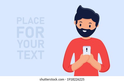 Vector illustration concept with place for your text. A man with a smartphone looks at the text in the empty space. Can be used on websites and mobile applications. A man with a joyful look.