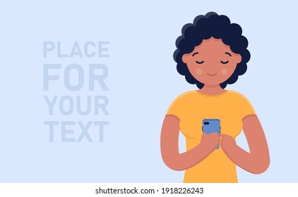 Vector illustration concept with place for your text. A girl with a smartphone looks at the text on the empty space. Can be used on websites and mobile applications. A girl with a shy look.