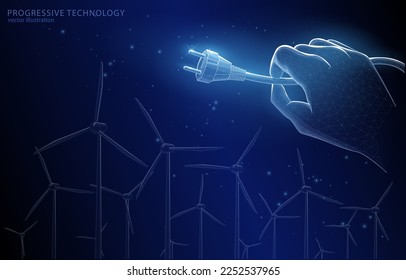 Vector illustration concept plug
fork in hand and wind farm in the background. Symbol of clean alternative green energy, renewable sources generation.