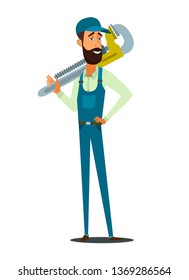 Vector Illustration Concept Plumber Service. Vector Image Cartoon Character Plumbing based on Large Wrench Lifting Finger Up. Plumbing Work Tool to fix Plumbing Problems. Isolated on White Background