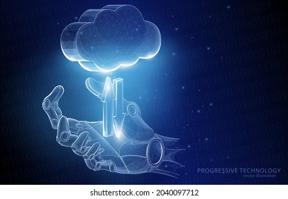 
Vector illustration concept of a polygonal arm of a humanoid robot, and a 3D image of cloud technologies, database, internet, technology, artificial intelligence.