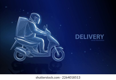 Vector illustration concept polygonal courier on a scooter, on a blue background. Symbol of service, work, business express delivery.