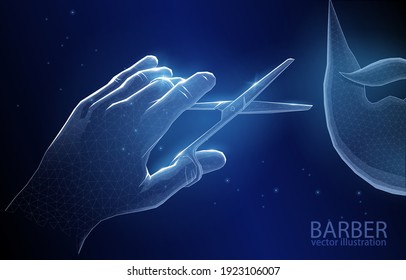 
Vector illustration concept polygonal, hand with scissors, cutting a beard and mustache, the symbol of the master barber, style, men's fashion.