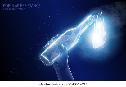 
Vector illustration concept polygonal, a hand holding a Molotov cocktail, on a dark blue background social resistance, protest, aggression, anarchy, conflict.